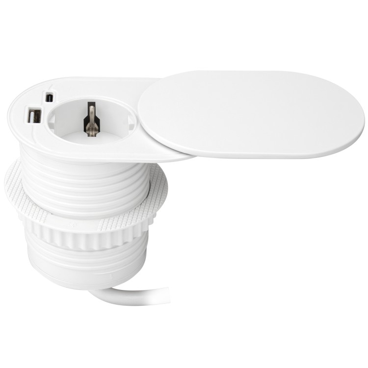 Gniazdo meblowe O6cm, wpuszczane w blat z przesuwną pokrywką, ładowarką USB i przewodem 1,9m, 1x2P+Z (Schuko), 2xUSB (typ A+C; PD20W), białe OR-GM-9042(GS)/W ORNO