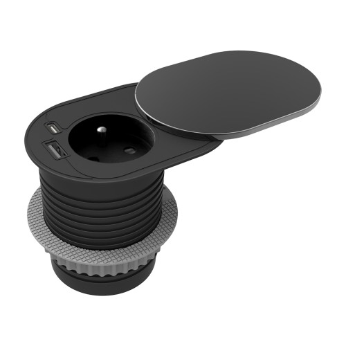 Gniazdo meblowe O6cm, wpuszczane w blat z przesuwną pokrywką, ładowarką USB i przewodem 1,9m, 1x2P+Z (French), 2xUSB (typ A+C; PD20W), czarne OR-GM-9042/B ORNO