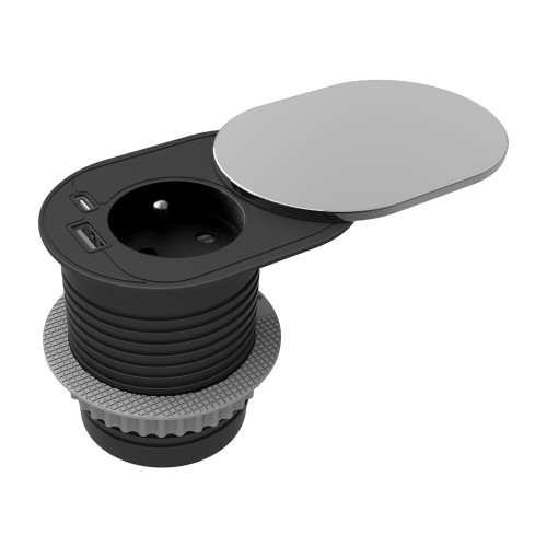 Gniazdo meblowe O6cm, wpuszczane w blat z przesuwną pokrywką, ładowarką USB i przewodem 1,9m, 1x2P+Z (French), 2xUSB (typ A+C; PD20W), srebrne OR-GM-9042/G ORNO
