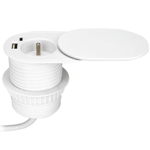 Gniazdo meblowe O6cm, wpuszczane w blat z przesuwną pokrywką, ładowarką USB i przewodem 1,9m, 1x2P+Z (French), 2xUSB (typ A+C; PD20W), białe OR-GM-9042/W ORNO