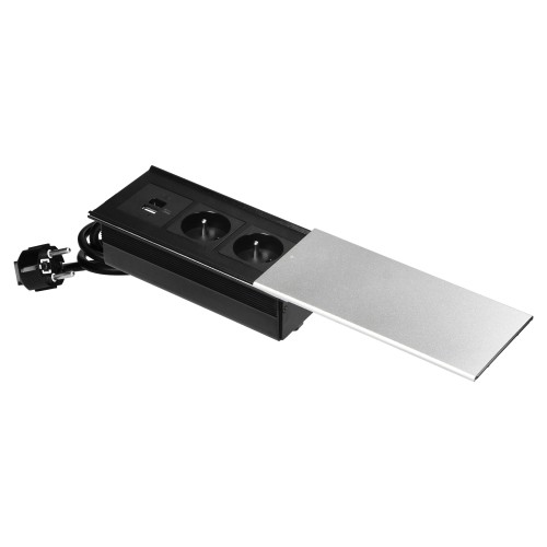 Gniazdo meblowe z przesuwną klapką i przewodem 1,8m, 2x2P+Z (French), 2xUSB (typ A+C; 4,2A), srebrne OR-GM-9043/G ORNO