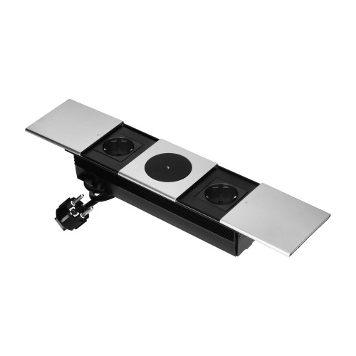 Gniazdo meblowe z przesuwną klapką i przewodem 1,8m, 2x2P+Z (Schuko), ładowarka bezprzewodowa 15W, srebrne OR-GM-9044(GS)/G ORNO