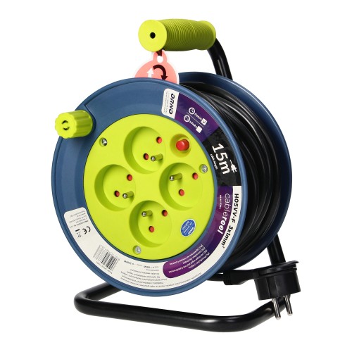 Przedłużacz bębnowy MINI, 4 gniazda 2P+Z, metalowy stojak, polwinit H05VV-F 3x1mm2 , długość 15m, limonkowy OR-AE-1339/L ORNO