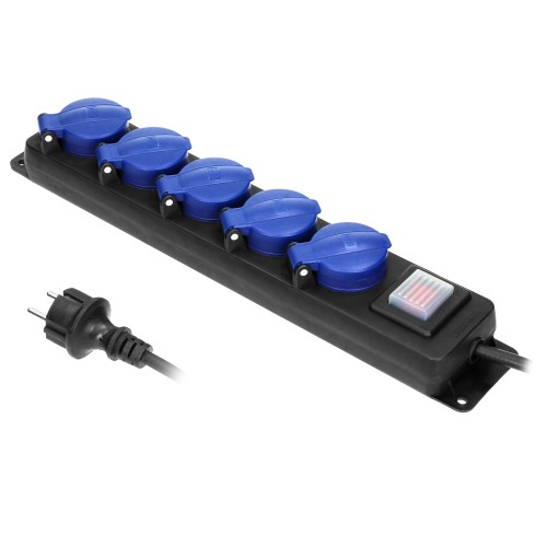 Przedłużacz warsztatowy bryzgoszczelny z wyłącznikiem, 5 gniazd 2P+Z, IP44, przewód gumowy, H05RR-F 3x1,5mm2, długość 3m OR-AE-13159(GS)/3M ORNO