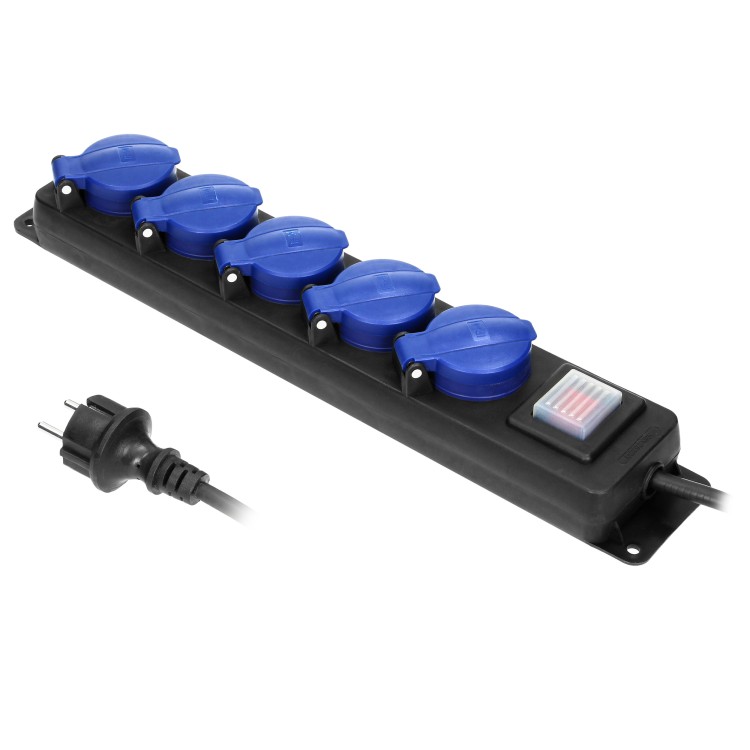 Przedłużacz warsztatowy bryzgoszczelny z wyłącznikiem, 5 gniazd 2P+Z, IP44, przewód gumowy, H05RR-F 3x1,5mm2, długość 3m OR-AE-13159(GS)/3M ORNO