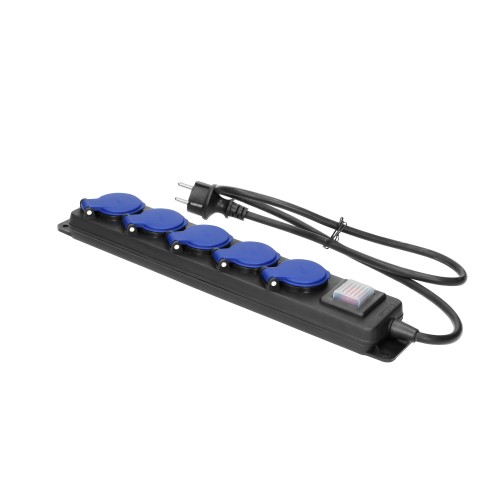 Przedłużacz warsztatowy bryzgoszczelny z wyłącznikiem, 5 gniazd 2P+Z, IP44, przewód gumowy, H05RR-F 3x1,5mm2, długość 5m OR-AE-13298/5M ORNO