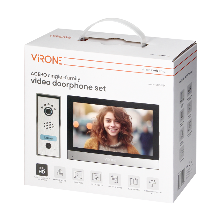Wideodomofon ACERO VDP-71/B Virone Zestaw wideodomofonowy bezsłuchawkowy, monitor dotykowy 7" LCD, z kamerą Full HD 2MP, z gniazdem na kartę pamięci, sterowanie bramą i furtką, czarno-srebrny