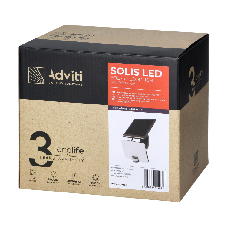 SOLIS LED 10W, naświetlacz solarny z czujnikiem ruchu PIR, 1200lm, IP54, 4000K, 3000 mAh, czarny AD-SL-6467BLR4 ADVITI