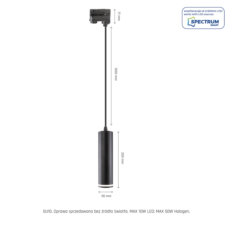 MADARA MINI RING GU10 ZWIS na Szynoprzewód 3F 230V IP20 fi55*200mm czarny kabel 1m SLIP003021 SPECTRUM LED