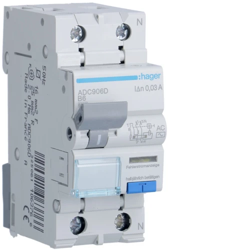 RCBO Wyłącznik różnicowoprądowy z członem nadprądowym 1P+N 6kA B 6A/30mA Typ AC ADC906D Hager