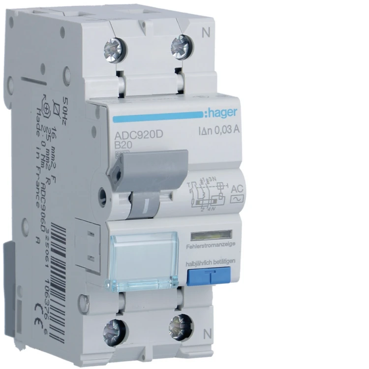 RCBO Wyłącznik różnicowoprądowy z członem nadprądowym 1P+N 6kA B 20A/30mA Typ AC ADC920D Hager