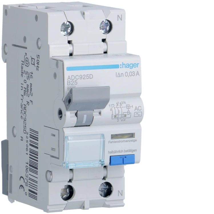 RCBO Wyłącznik różnicowoprądowy z członem nadprądowym 1P+N 6kA B 25A/30mA Typ AC ADC925D Hager