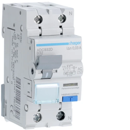 RCBO Wyłącznik różnicowoprądowy z członem nadprądowym 1P+N 6kA B 32A/30mA Typ AC ADC932D Hager