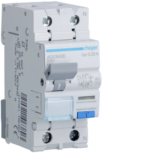 RCBO Wyłącznik różnicowoprądowy z członem nadprądowym 1P+N 6kA B 40A/30mA Typ AC ADC940D Hager
