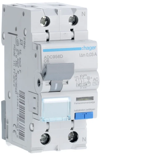RCBO Wyłącznik różnicowoprądowy z członem nadprądowym 1P+N 6kA C 6A/30mA Typ AC ADC956D Hager