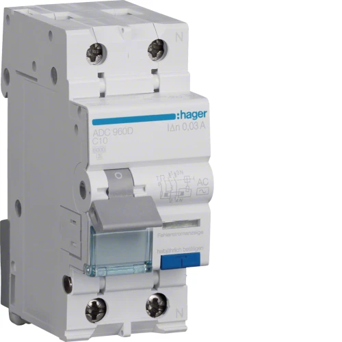 RCBO Wyłącznik różnicowoprądowy z członem nadprądowym 1P+N 6kA C 10A/30mA Typ AC ADC960D Hager