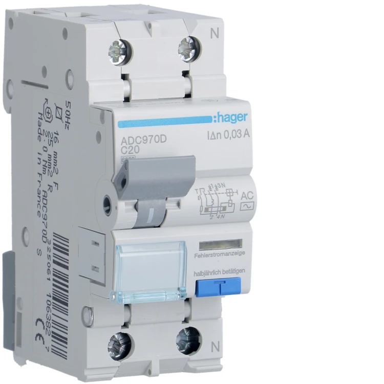 RCBO Wyłącznik różnicowoprądowy z członem nadprądowym 1P+N 6kA C 20A/30mA Typ AC ADC970D Hager