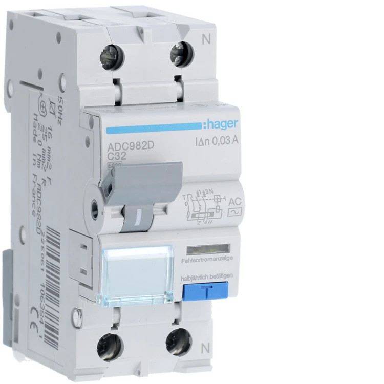 RCBO Wyłącznik różnicowoprądowy z członem nadprądowym 1P+N 6kA C 32A/30mA Typ AC ADC982D Hager