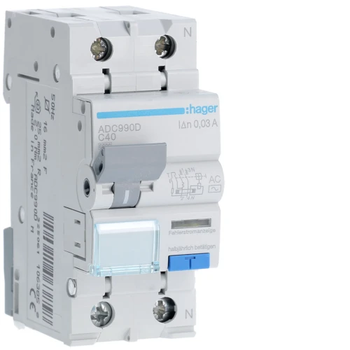 RCBO Wyłącznik różnicowoprądowy z członem nadprądowym 1P+N 6kA C 40A/30mA Typ AC ADC990D Hager