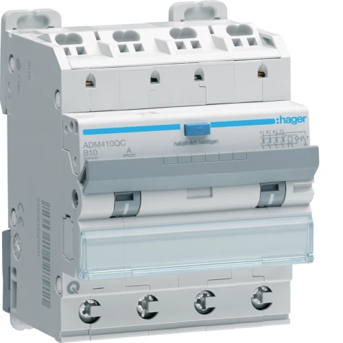 RCBO Wyłącznik różnicowoprądowy z członem nadprądowym 4P 6kA B 10A/30mA A QC/QB ADM410QC Hager