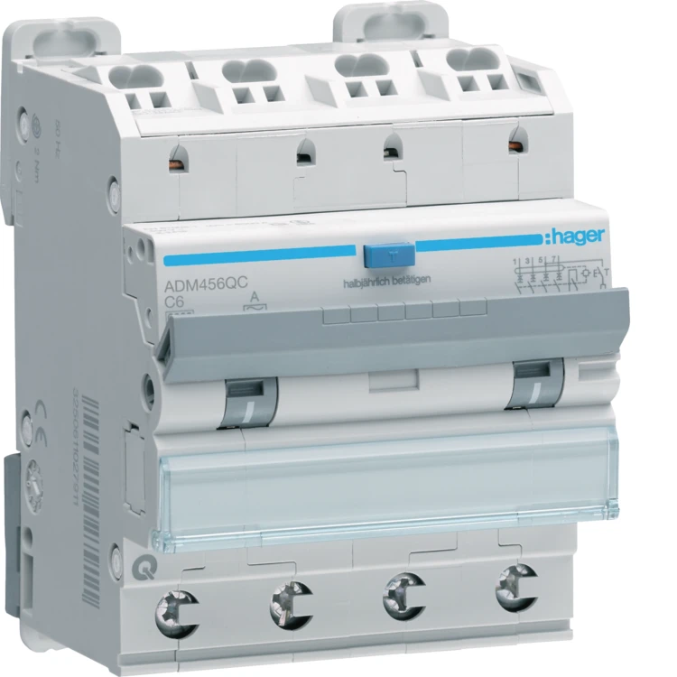 RCBO Wyłącznik różnicowoprądowy z członem nadprądowym 4P 6kA C 6A/30mA A QC/QB ADM456QC Hager