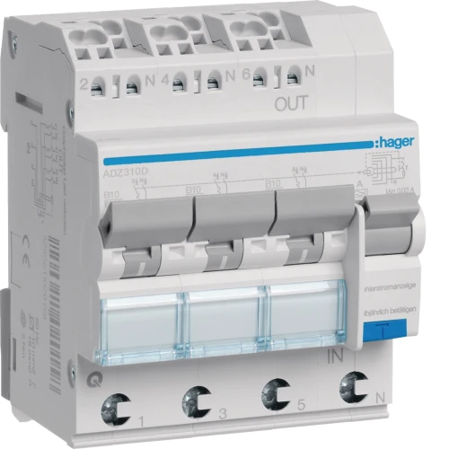 RCBO Wyłącznik różnicowoprądowy z czł. nadpr. 3x1P+N 6kA B 10A/30mA Typ A QC/QBB ADZ310D Hager