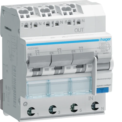 RCBO Wyłącznik różnicowoprądowy z czł. nadpr. 3x1P+N 6kA B 16A/30mA Typ A QC/QBB ADZ316D Hager