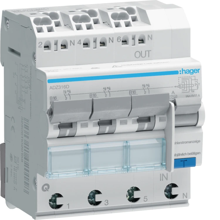 RCBO Wyłącznik różnicowoprądowy z czł. nadpr. 3x1P+N 6kA B 16A/30mA Typ A QC/QBB ADZ316D Hager