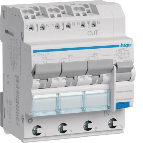 RCBO Wyłącznik różnicowoprądowy z czł. nadpr. 3x1+N 6kA C 10A/30mA Typ A QC/QBB ADZ360D Hager