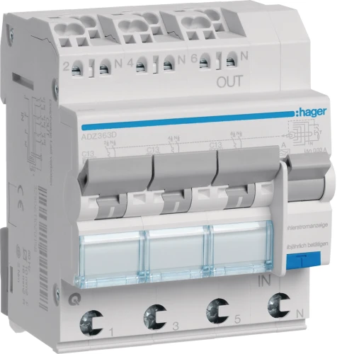RCBO Wyłącznik różnicowoprądowy z czł. nadpr. 3x1P+N 6kA C 13A/30mA Typ A QC/QBB ADZ363D Hager