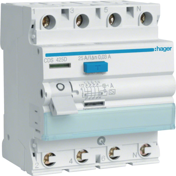 RCCB Wyłącznik różnicowoprądowy 3P+N 25A/30mA Typ A QuickConnect CDS425D Hager