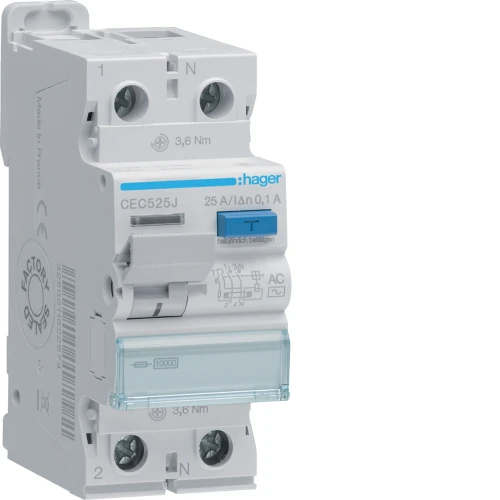 RCCB Wyłącznik różnicowoprądowy 1P+N 25A 100mA 10kA AC CEC525J Hager