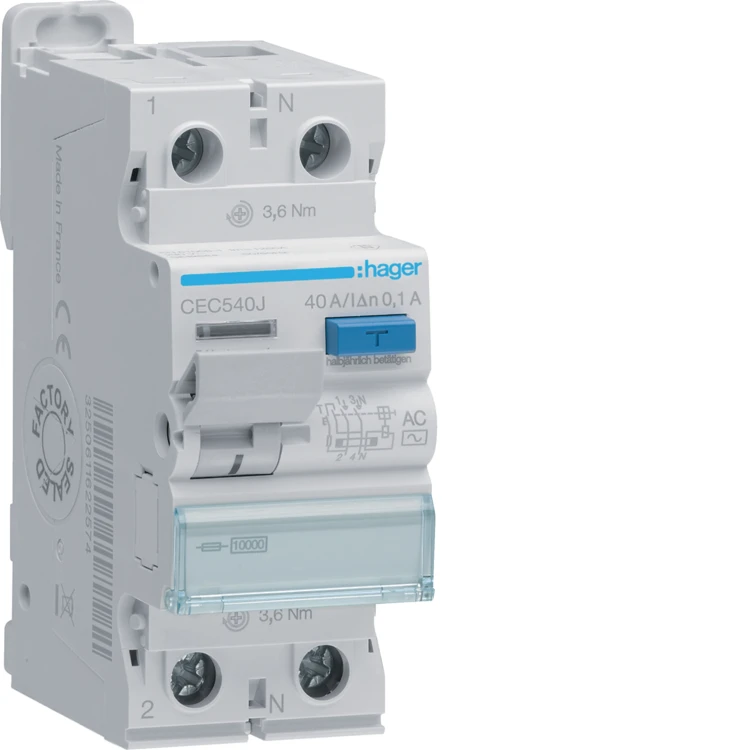 RCCB Wyłącznik różnicowoprądowy 1P+N 40A 100mA 10kA AC CEC540J Hager