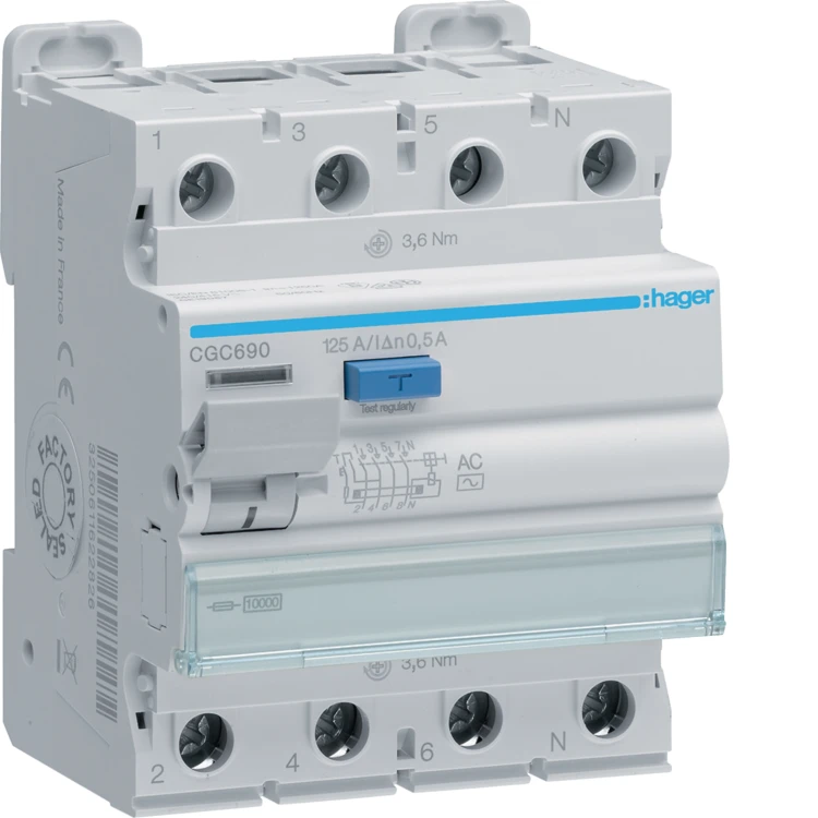 RCCB Wyłącznik różnicowoprądowy 3P+N 125A 500mA 10kA AC CGC690 Hager