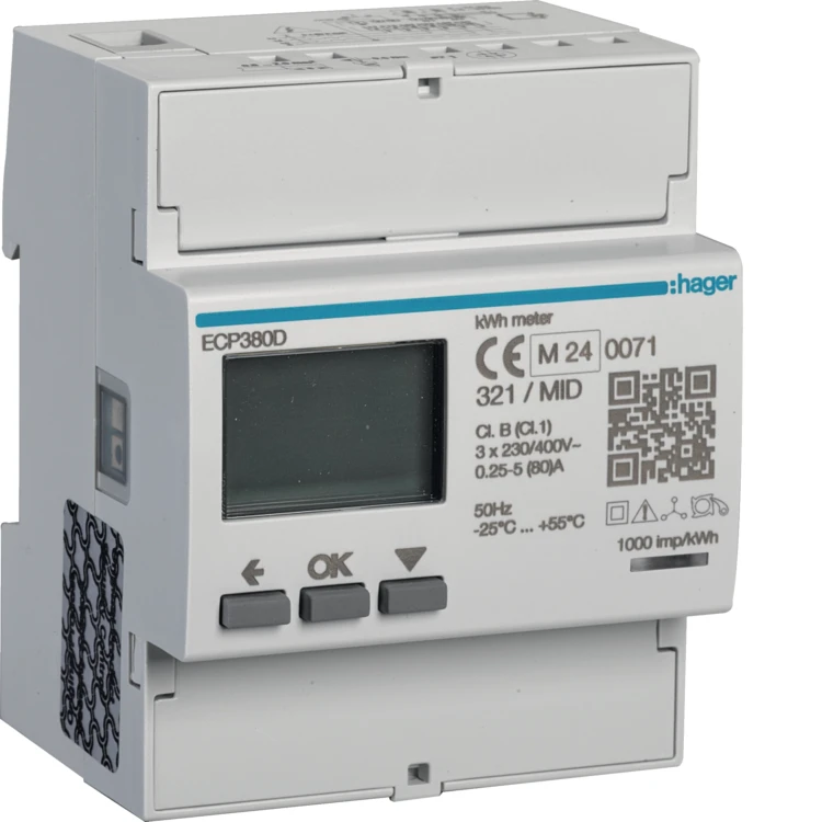 agardio.measure Licznik energii elektrycznej 3-fazowy, 80A 4M, wyjście imp., MID ECP380D Hager