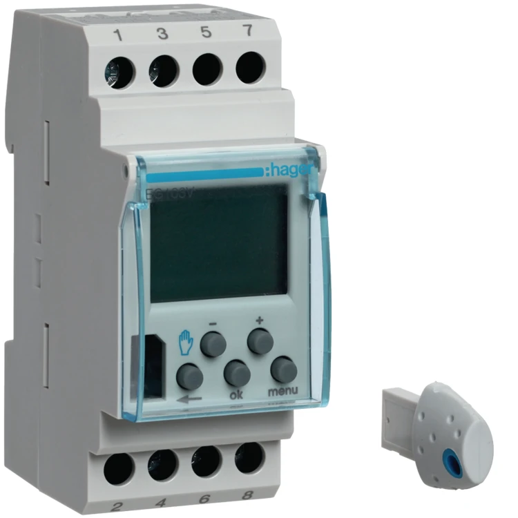 Zegar cyfrowy tygodniowy 56 kroków programowych 12-24VAC/DC 1P 16A EG103V Hager