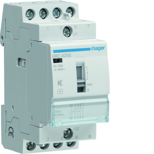 Stycznik cichy z możliwością sterowania ręcznego 230VAC 4NO 25A AC-7a/b ERC425S Hager