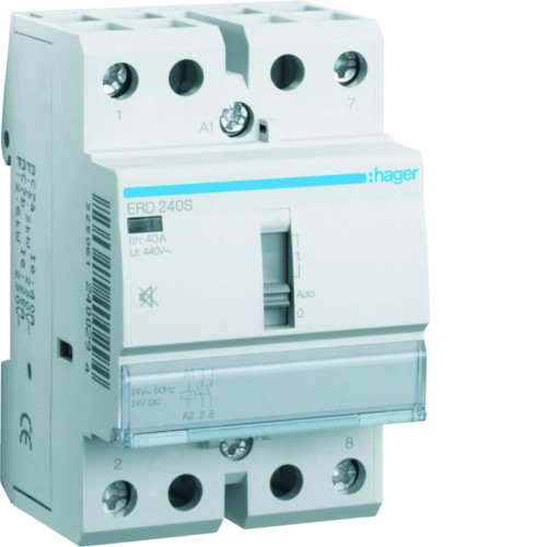 Stycznik cichy z możliwością sterowania ręcznego 24VAC/DC 2NO 40A AC-7a/b ERD240S Hager