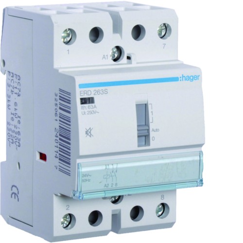 Stycznik cichy z możliwością sterowania ręcznego 24VAC/DC 2NO 63A AC-7a/b ERD263S Hager