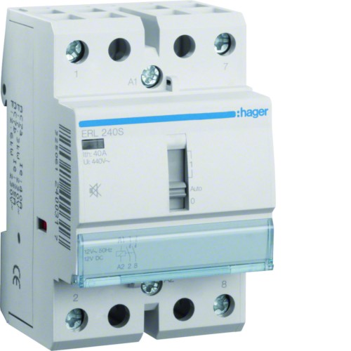 Stycznik cichy z możliwością sterowania ręcznego 12VAC/DC 2NO 40A AC-7a/b ERL240S Hager