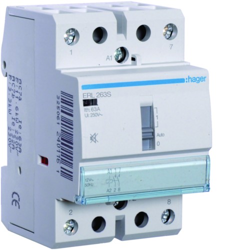 Stycznik cichy z możliwością sterowania ręcznego 12VAC/DC 2NO 63A AC-7a/b ERL263S Hager