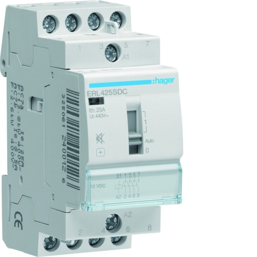 Stycznik cichy z możliwością sterowania ręcznego 12V DC 4NO 25A AC-7a/b ERL425SDC Hager
