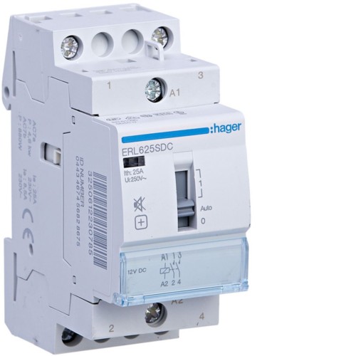 Stycznik cichy z możliwością sterowania ręcznego 12V DC 2NO 25A AC-7a/b ERL625SDC Hager