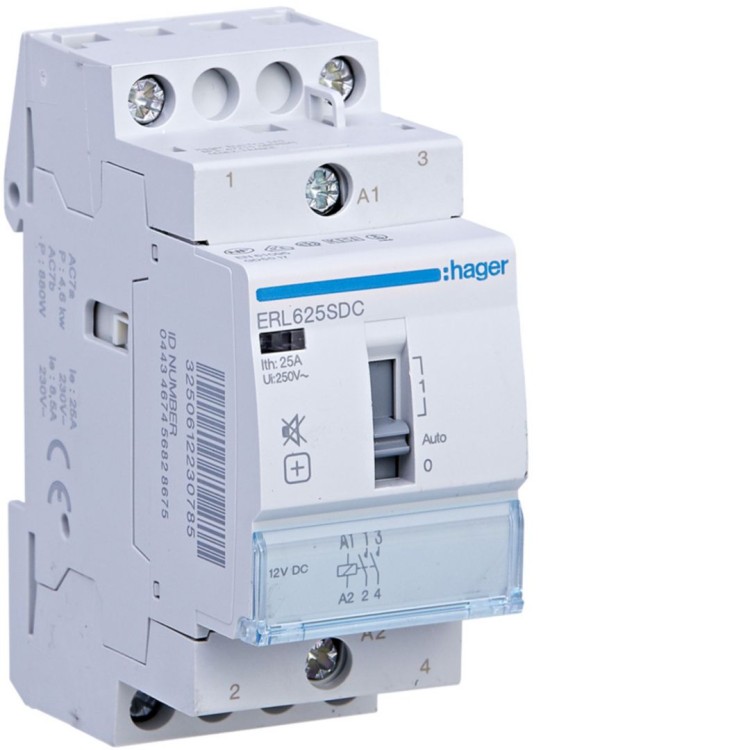 Stycznik cichy z możliwością sterowania ręcznego 12V DC 2NO 25A AC-7a/b ERL625SDC Hager
