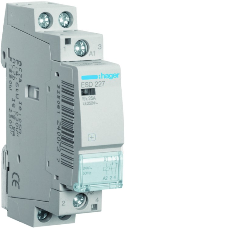 Stycznik 24VAC 1NO+1NC 25A AC-7a/b ESD227 Hager