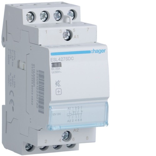 Stycznik cichy 12V DC 2NO+2NC 25A AC-7a/b ESL427SDC Hager