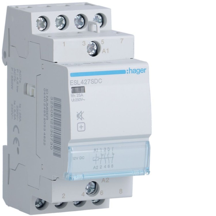 Stycznik cichy 12V DC 2NO+2NC 25A AC-7a/b ESL427SDC Hager