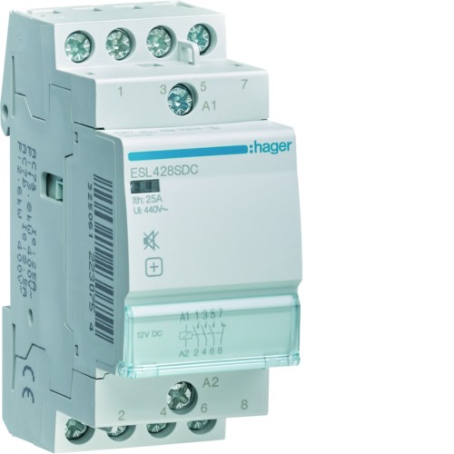 Stycznik cichy 12V DC 3NO+1NC 25A AC-7a/b ESL428SDC Hager