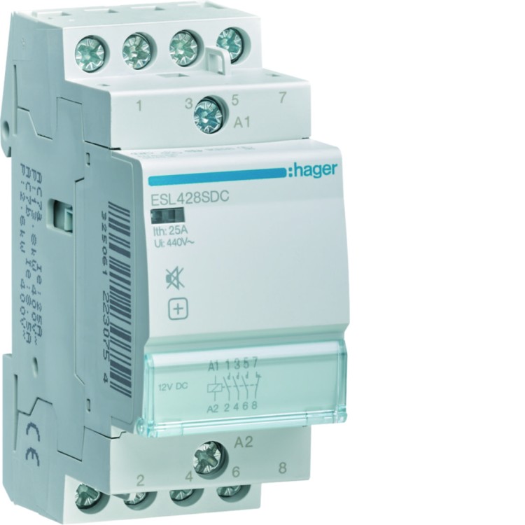 Stycznik cichy 12V DC 3NO+1NC 25A AC-7a/b ESL428SDC Hager