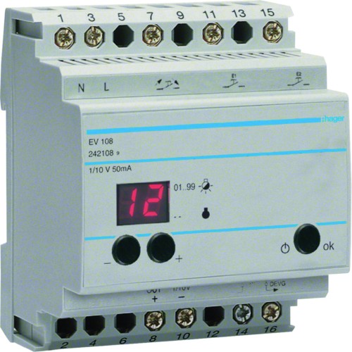 Urządzenie zdalnego sterowania ściemniaczami EV100/EV102, funkcje Comfort EV108 Hager